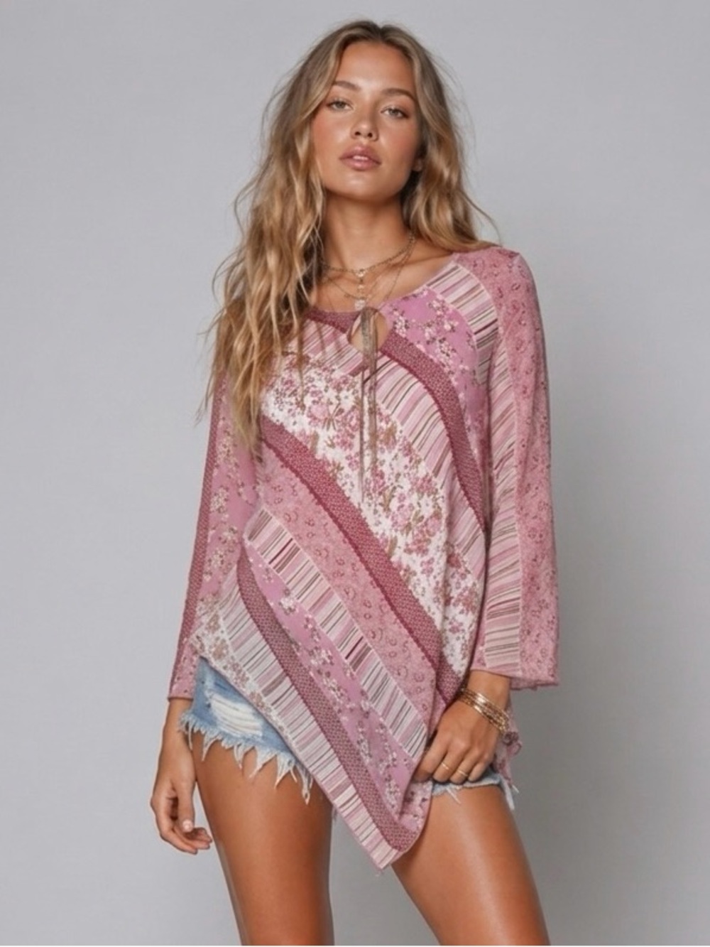 Vintage Y2K Fairycore Pink Floral Asymmetric Sheer Festival Top Fashion Bug S